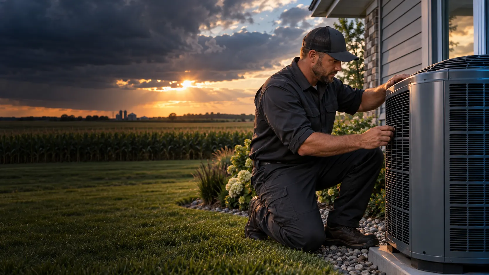HVAC service scene beside an Iowa home at sunset
